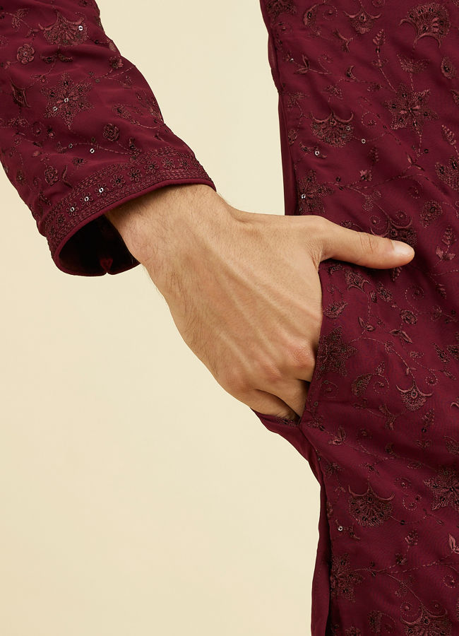 Manyavar Men Wine Georgette Ensemble Mid Length Kurta Pant