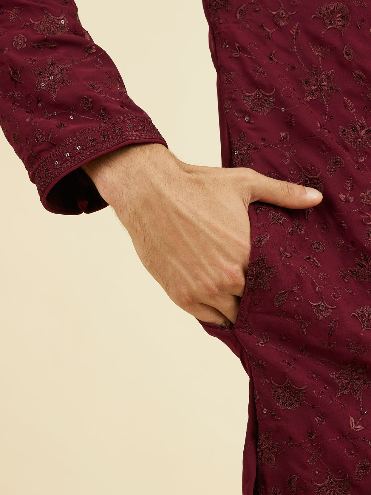 Manyavar Men Wine Georgette Ensemble Mid Length Kurta Pant