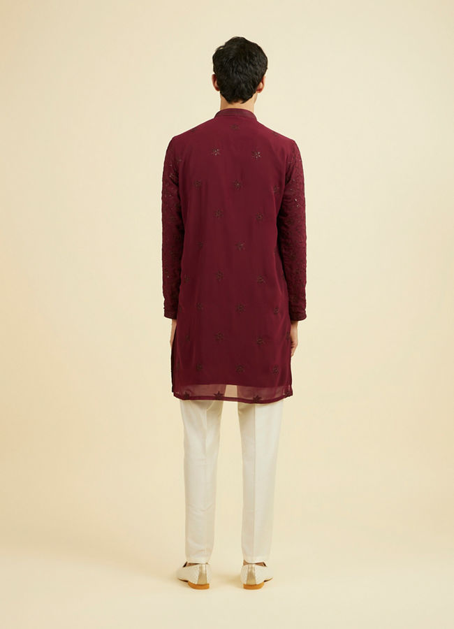 Manyavar Men Wine Georgette Ensemble Mid Length Kurta Pant