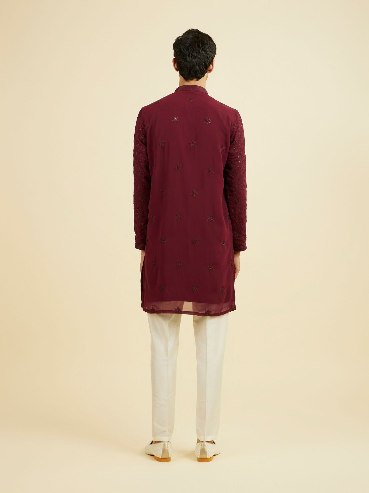 Manyavar Men Wine Georgette Ensemble Mid Length Kurta Pant