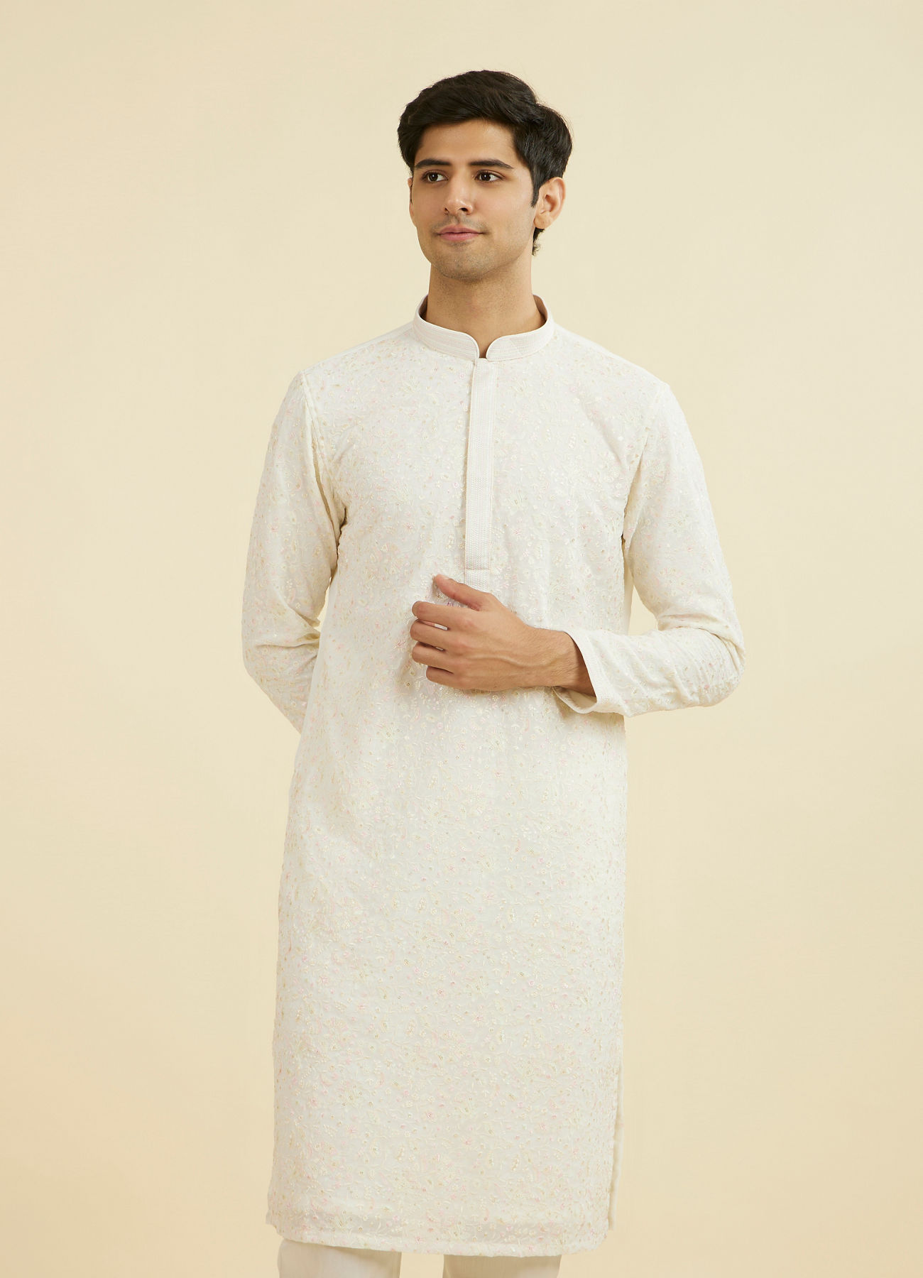 Manyavar Men Elegant Cream Kurta Churidar