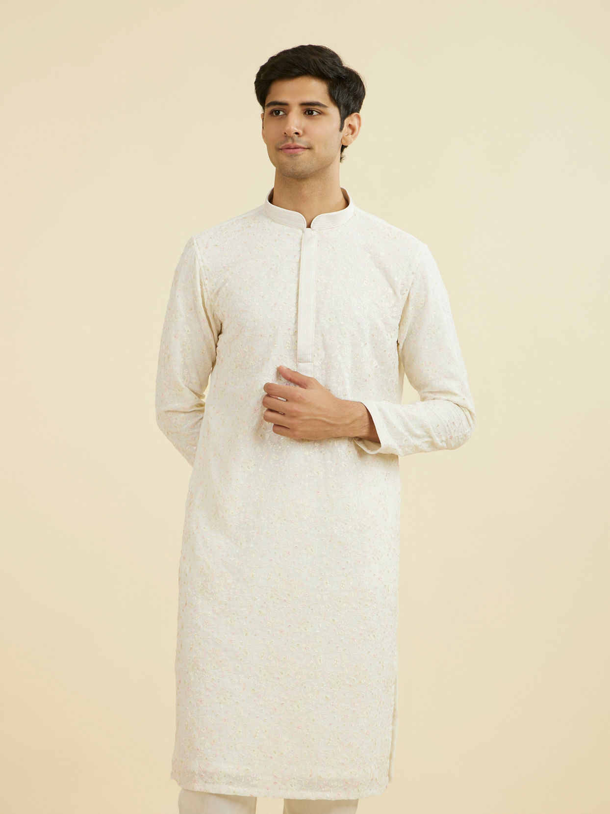 Manyavar Men Elegant Cream Kurta Churidar