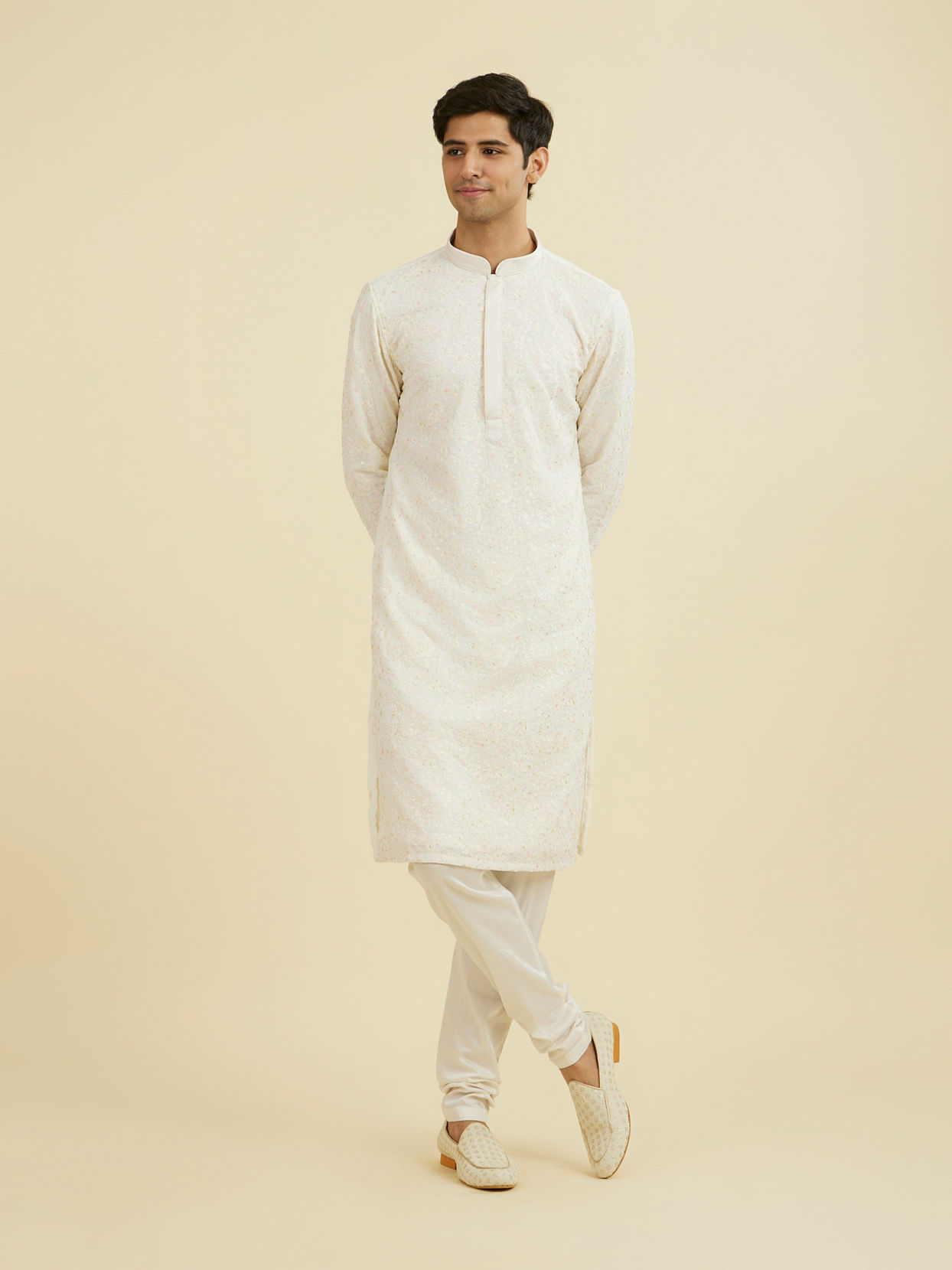 Manyavar Men Elegant Cream Kurta Churidar