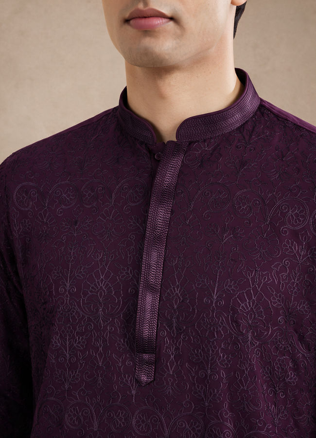 Manyavar Men Purple Georgette Kurta Churidar with Embroidery
