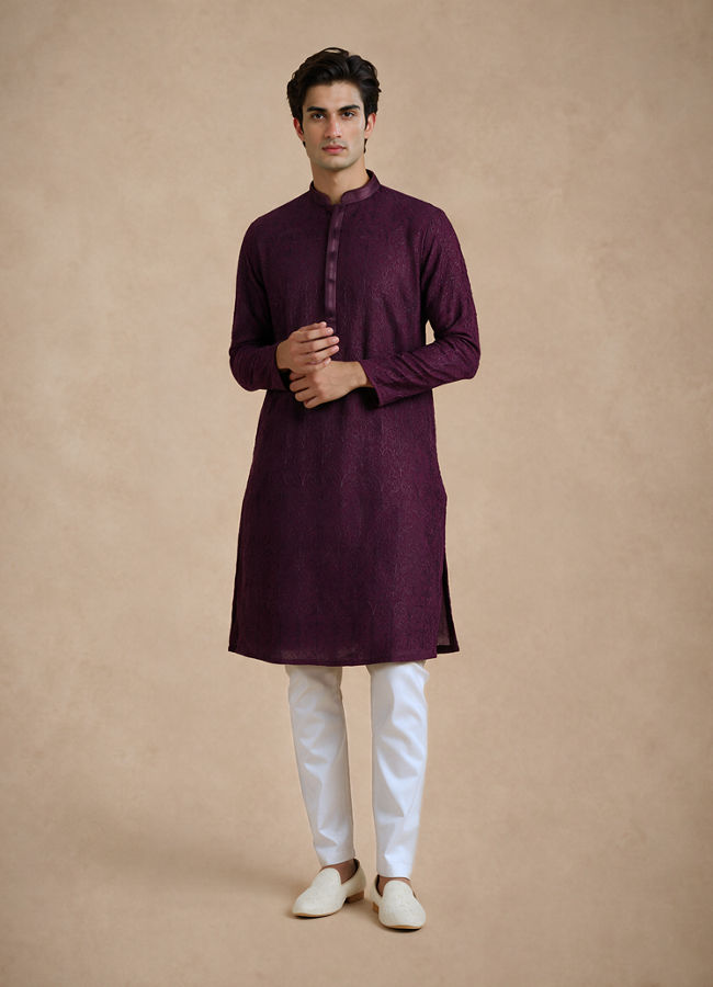 Manyavar Men Purple Georgette Kurta Churidar with Embroidery