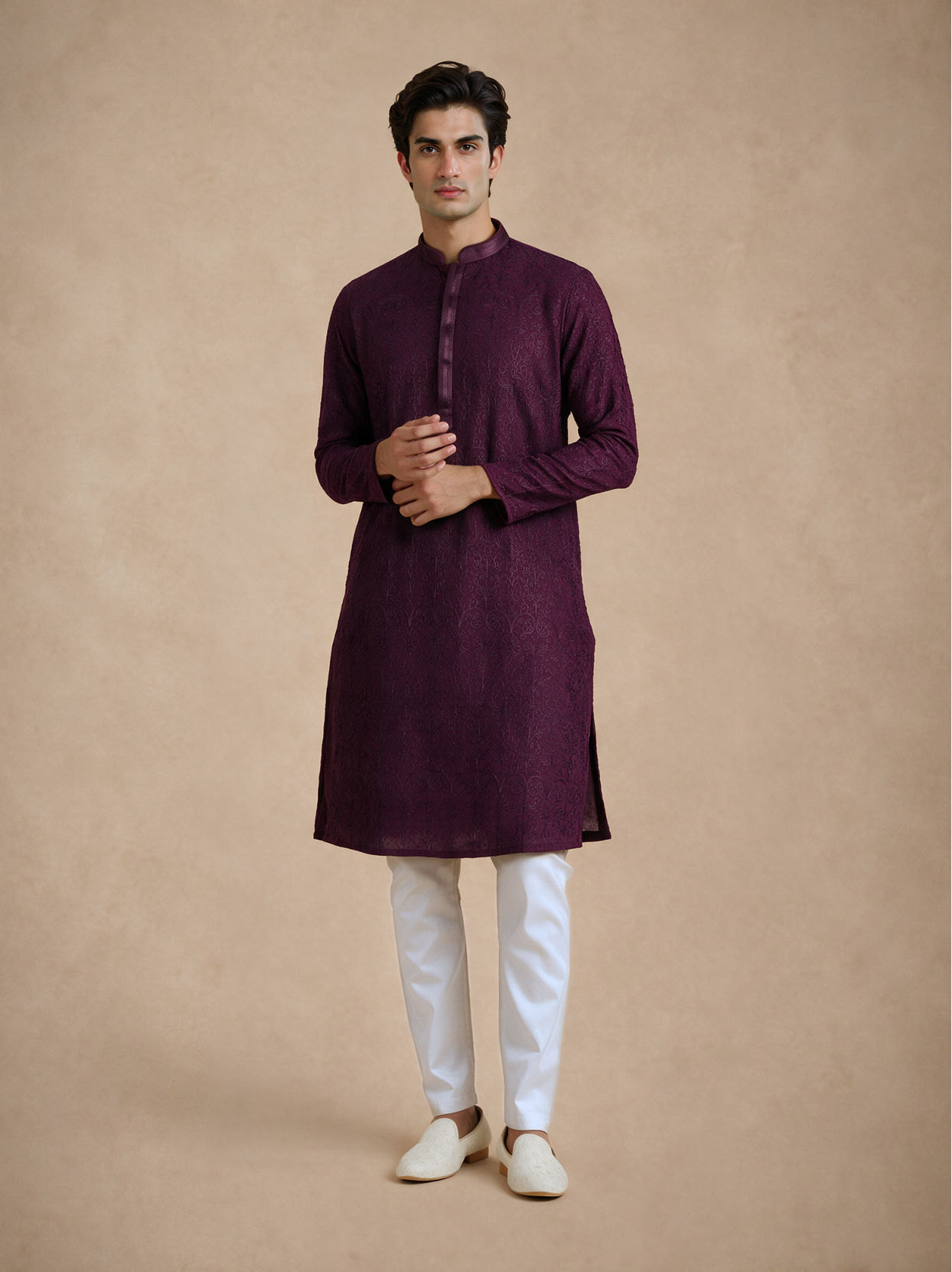 Manyavar Men Purple Georgette Kurta Churidar with Embroidery