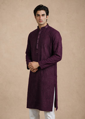 Manyavar Men Purple Georgette Kurta Churidar with Embroidery