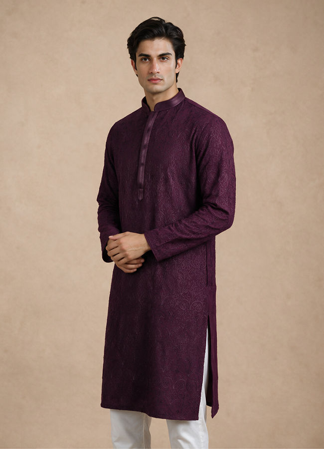Manyavar Men Purple Georgette Kurta Churidar with Embroidery