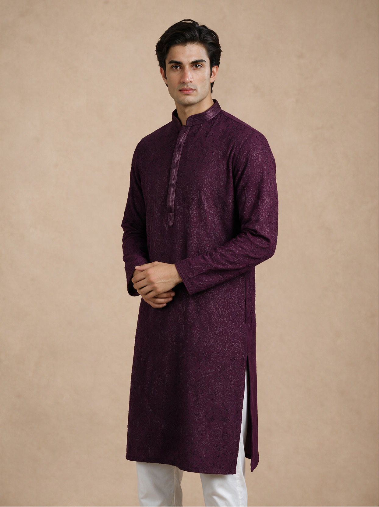 Manyavar Men Purple Georgette Kurta Churidar with Embroidery