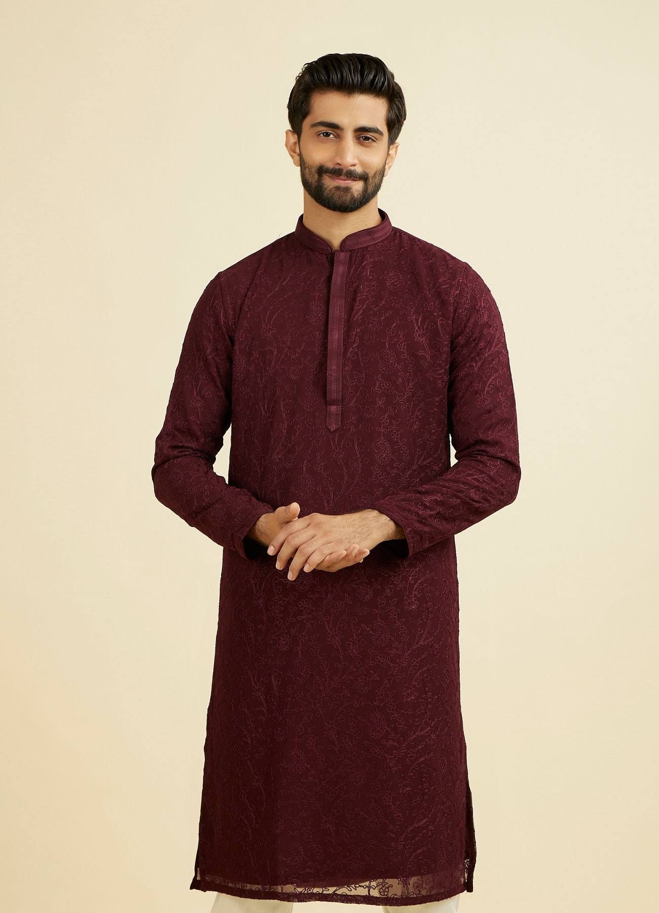 Manyavar Men Elegant Wine Kurta Churidar