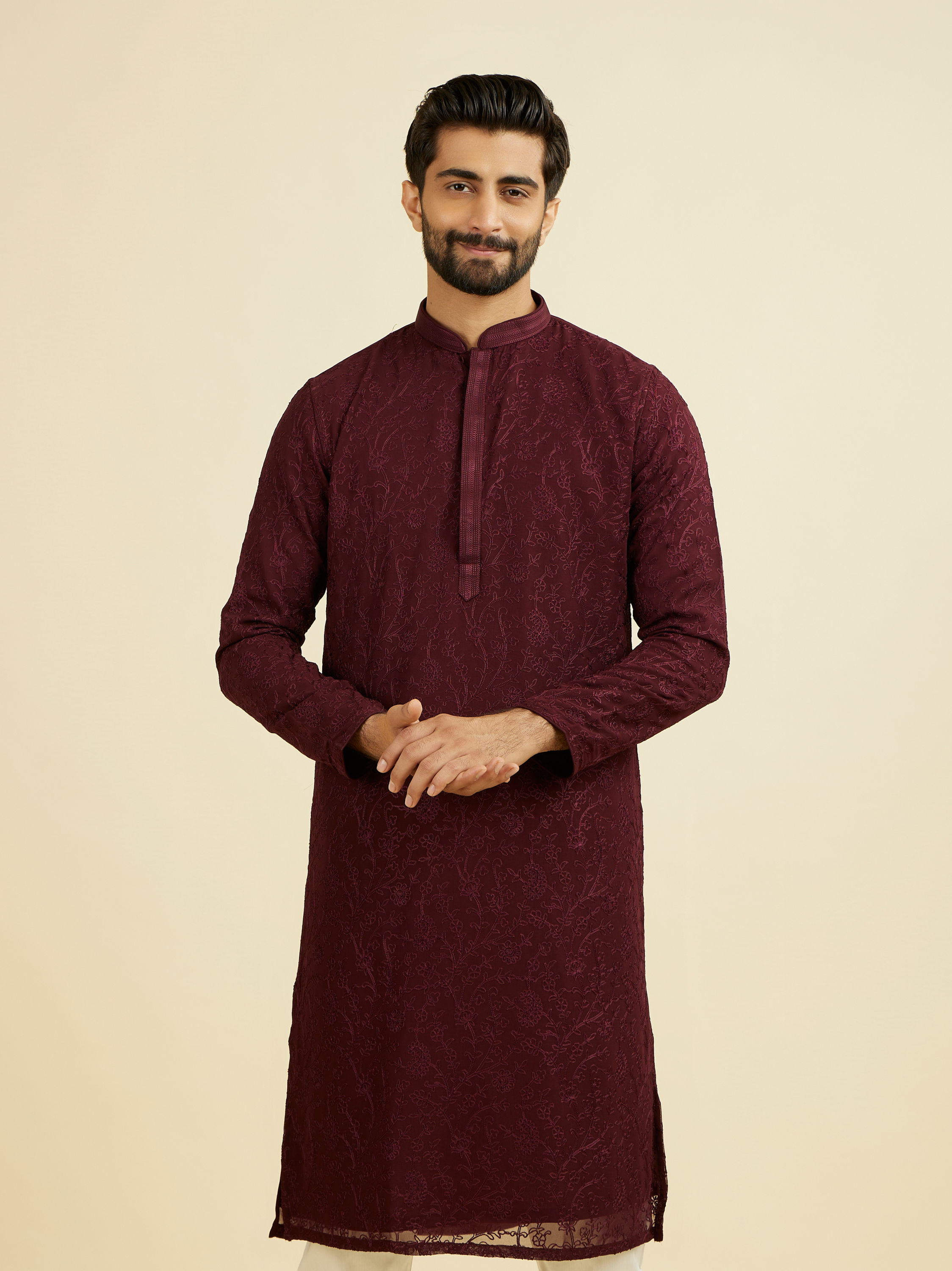 Manyavar Men Elegant Wine Kurta Churidar