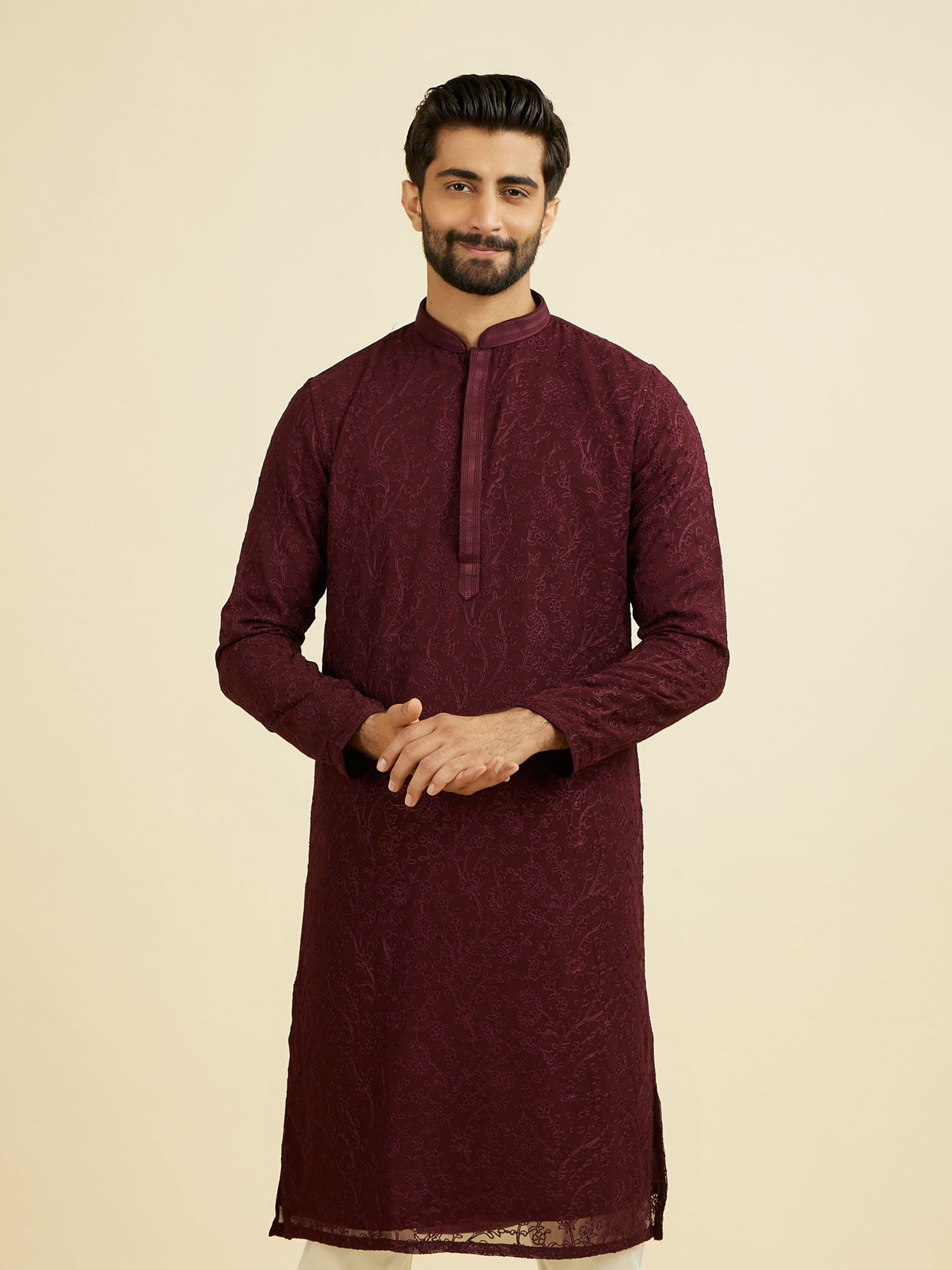 Manyavar Men Elegant Wine Kurta Churidar