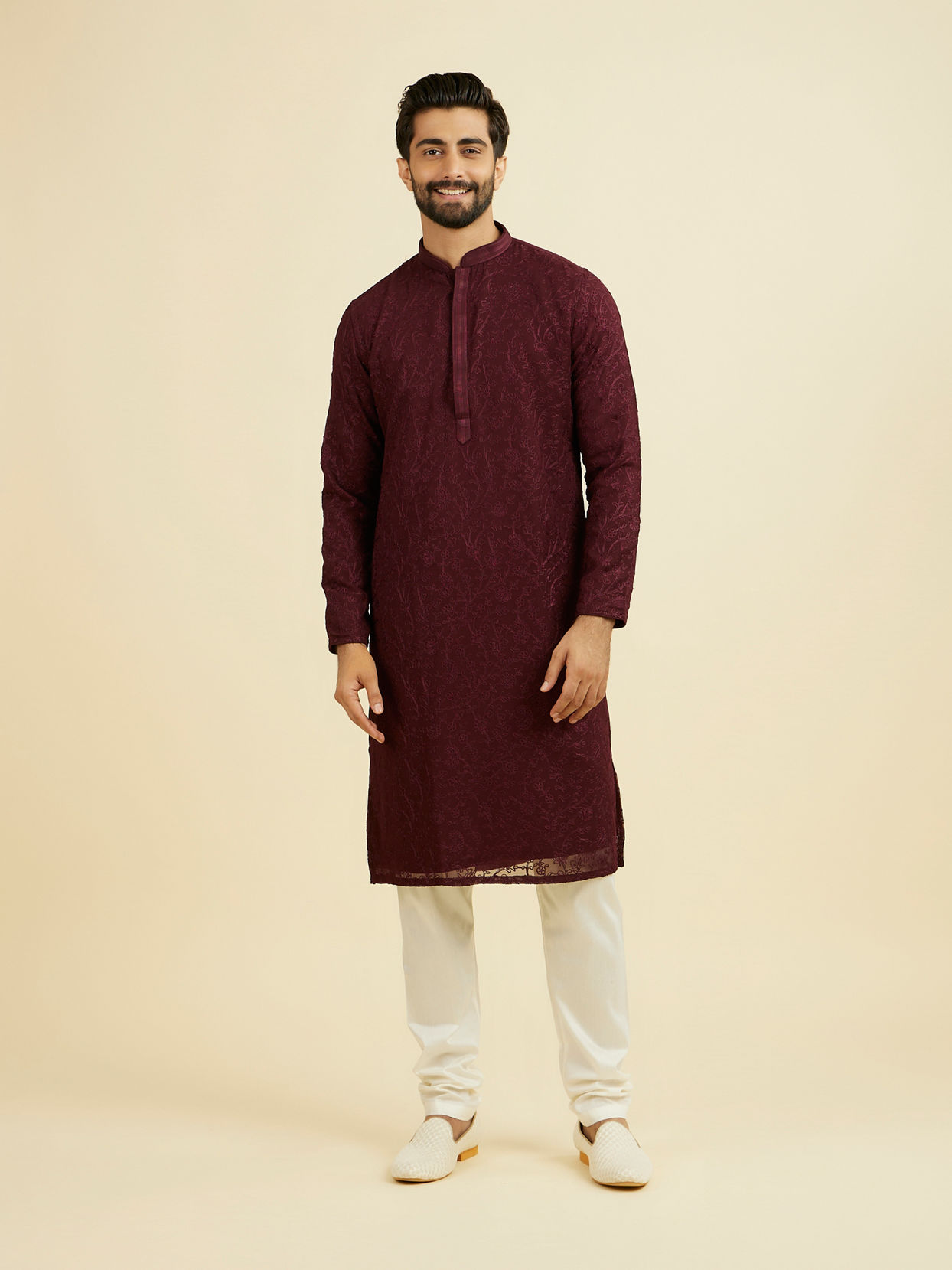 Manyavar Men Elegant Wine Kurta Churidar