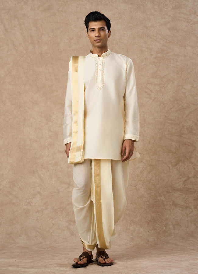 Manyavar Men Cream Silk Veshti Dhoti with Kurta and Dupatta
