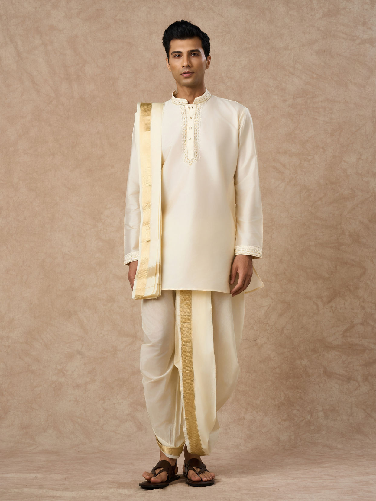 Manyavar Men Cream Silk Veshti Dhoti with Kurta and Dupatta