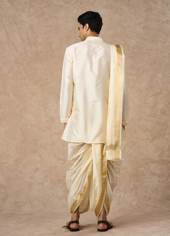 Manyavar Men Cream Silk Veshti Dhoti with Kurta and Dupatta