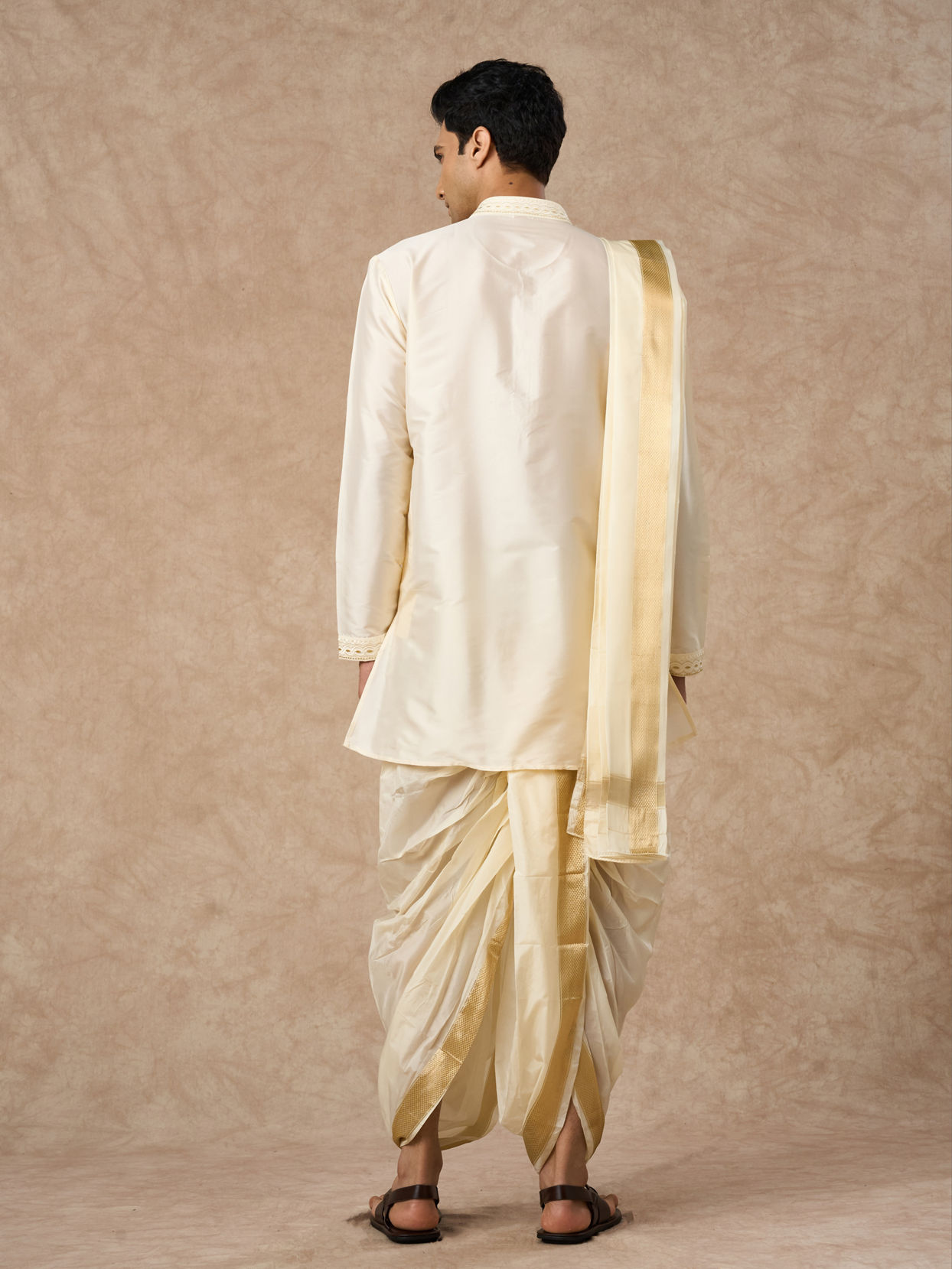 Manyavar Men Cream Silk Veshti Dhoti with Kurta and Dupatta