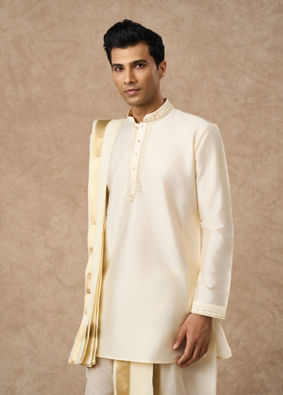 Manyavar Men Cream Silk Veshti Dhoti with Kurta and Dupatta