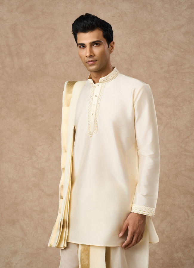 Manyavar Men Cream Silk Veshti Dhoti with Kurta and Dupatta