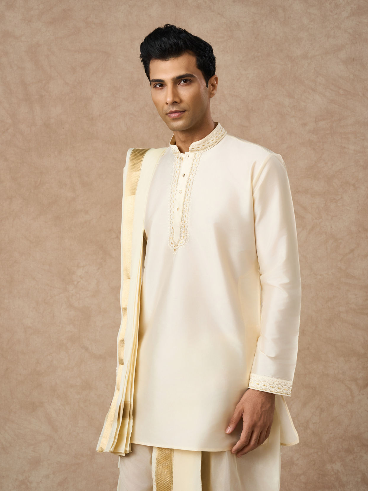 Manyavar Men Cream Silk Veshti Dhoti with Kurta and Dupatta