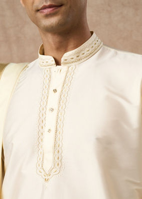 Manyavar Men Cream Silk Veshti Dhoti with Kurta and Dupatta