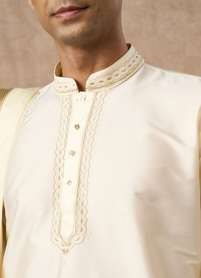 Manyavar Men Cream Silk Veshti Dhoti with Kurta and Dupatta