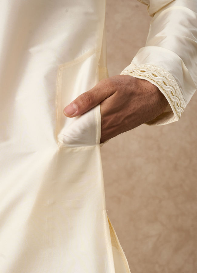 Manyavar Men Cream Silk Veshti Dhoti with Kurta and Dupatta