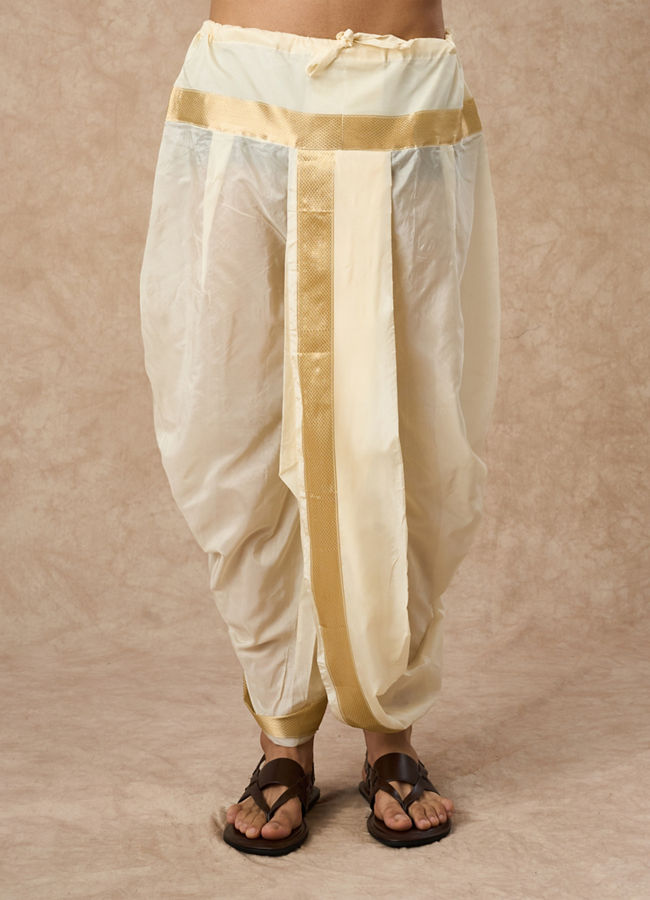 Manyavar Men Cream Silk Veshti Dhoti with Kurta and Dupatta