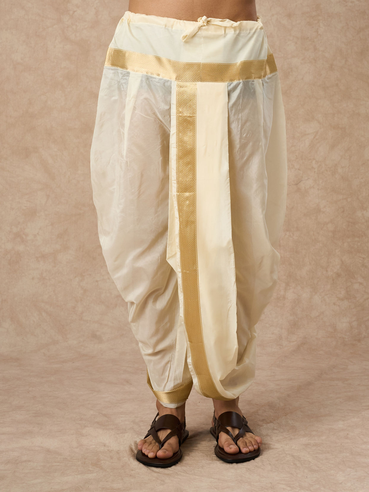 Manyavar Men Cream Silk Veshti Dhoti with Kurta and Dupatta