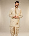 Manyavar Men Beige Embroidered Tissue Kurta with Veshti Dhoti & Dupatta Set