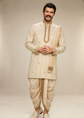 Manyavar Men Beige Embroidered Tissue Kurta with Veshti Dhoti & Dupatta Set