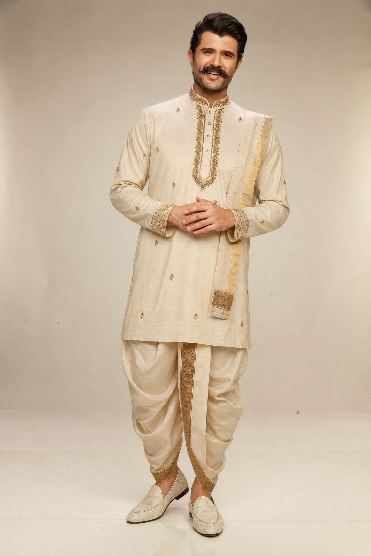 Manyavar Men Beige Embroidered Tissue Kurta with Veshti Dhoti & Dupatta Set