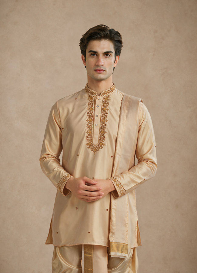Manyavar Men Fawn Silk Veshti Dhoti with Embroidery