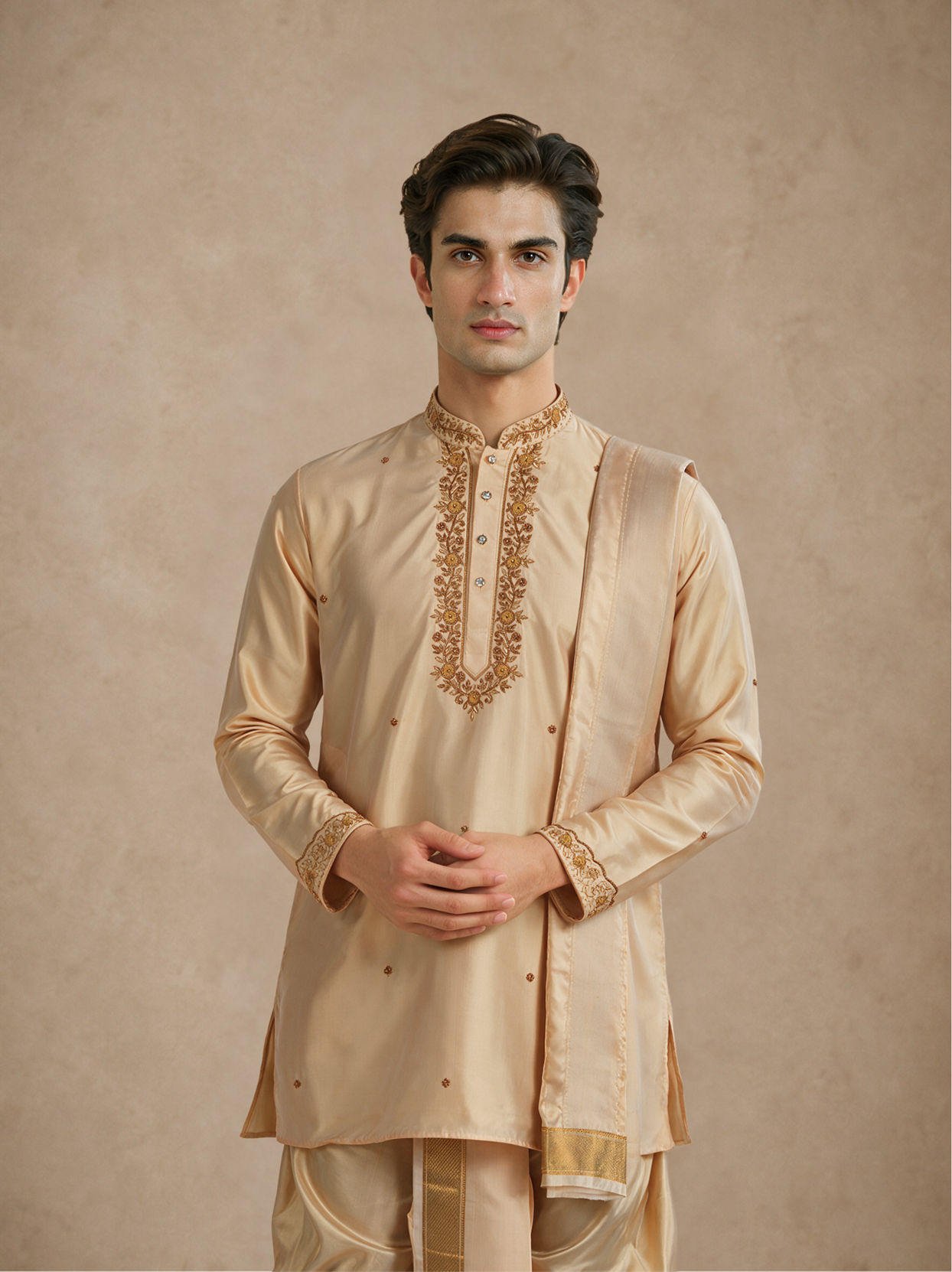 Manyavar Men Fawn Silk Veshti Dhoti with Embroidery