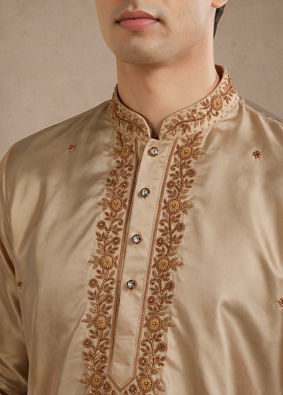 Manyavar Men Fawn Silk Veshti Dhoti with Embroidery