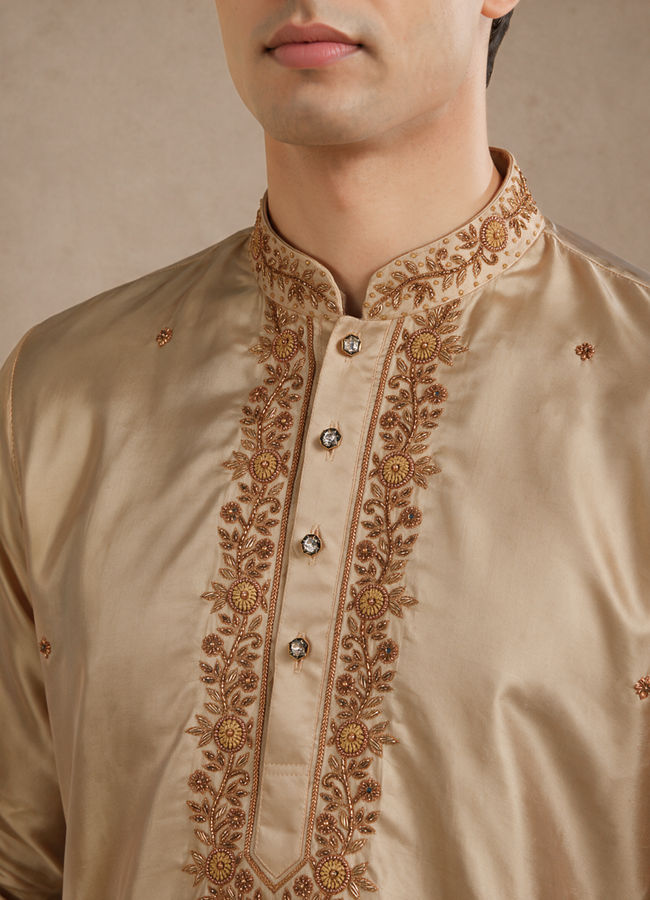 Manyavar Men Fawn Silk Veshti Dhoti with Embroidery