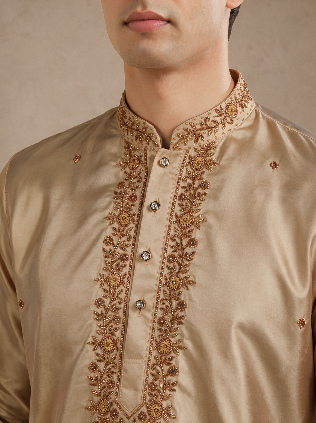 Manyavar Men Fawn Silk Veshti Dhoti with Embroidery