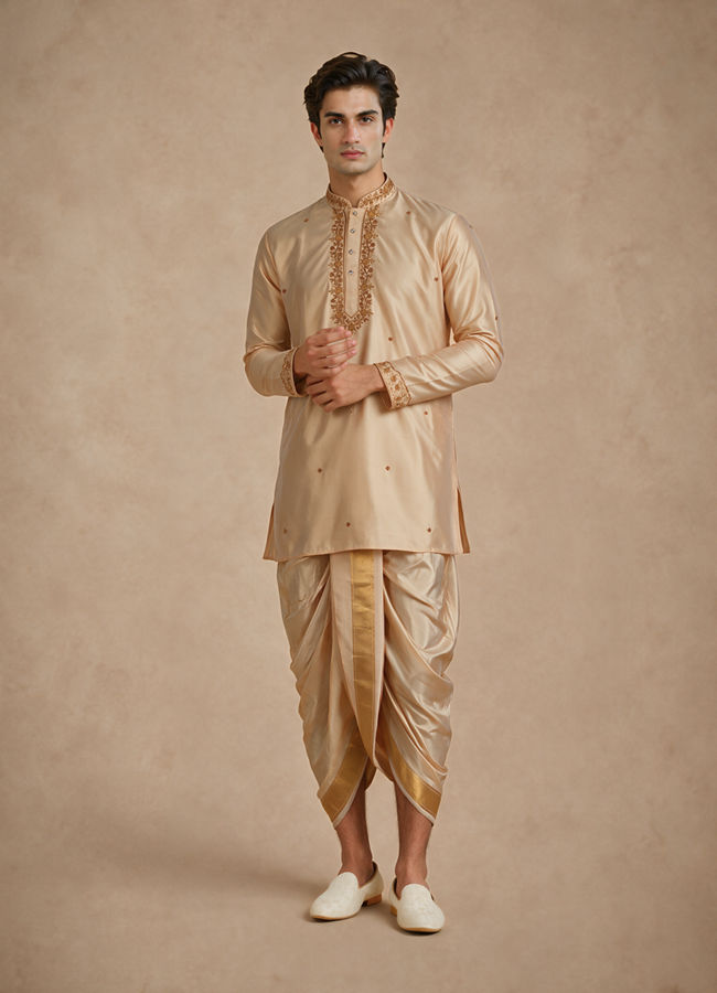 Manyavar Men Fawn Silk Veshti Dhoti with Embroidery