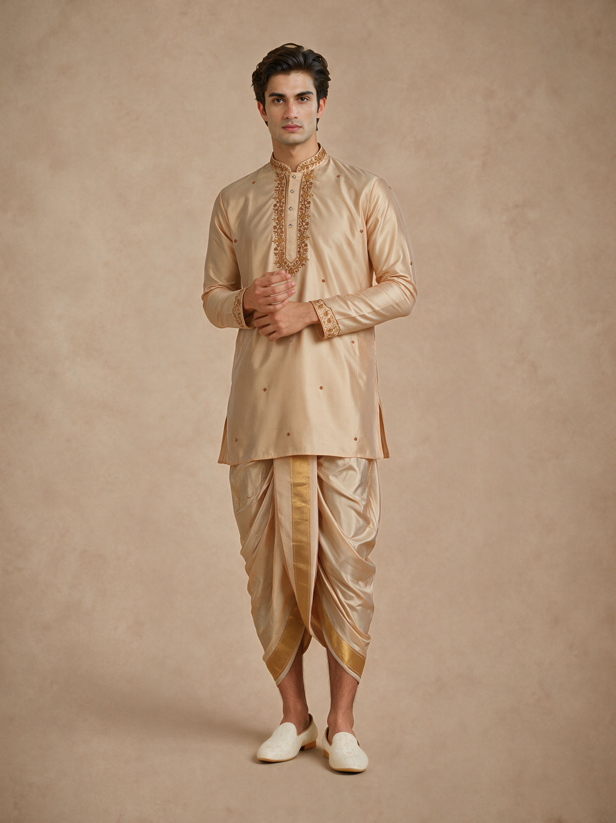 Manyavar Men Fawn Silk Veshti Dhoti with Embroidery