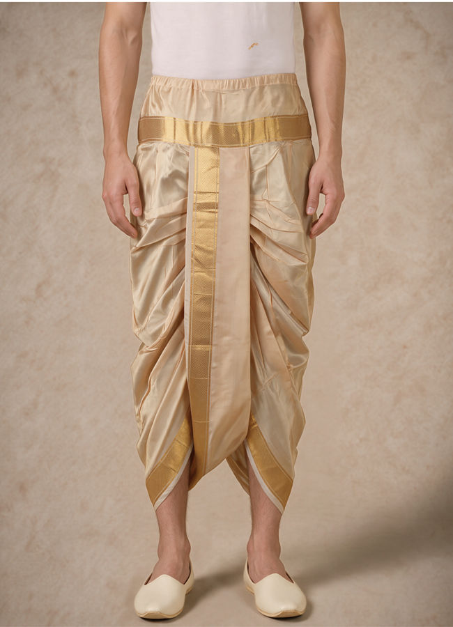 Manyavar Men Fawn Silk Veshti Dhoti with Embroidery