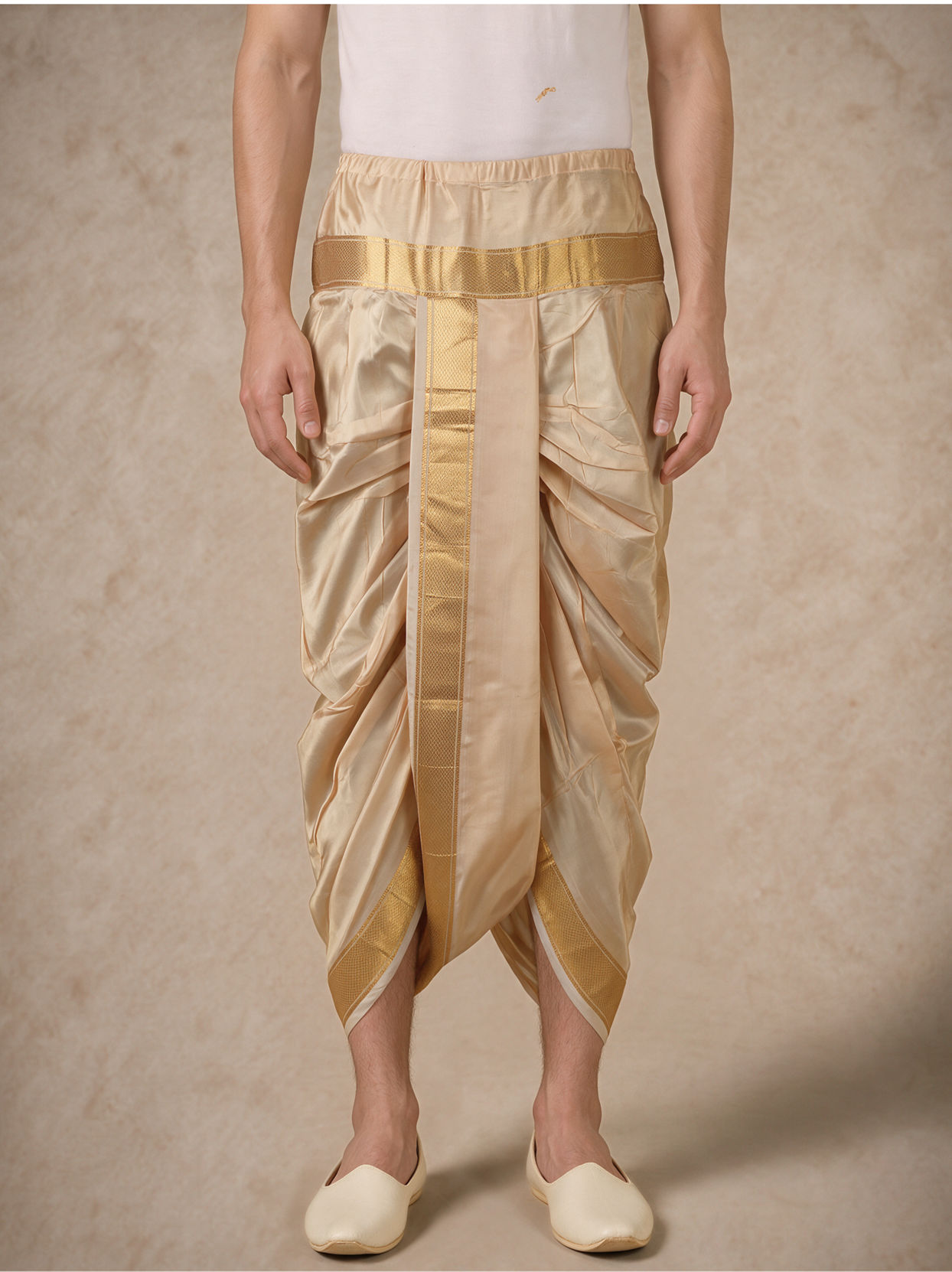 Manyavar Men Fawn Silk Veshti Dhoti with Embroidery