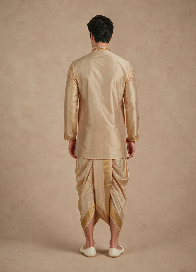 Manyavar Men Fawn Silk Veshti Dhoti with Embroidery