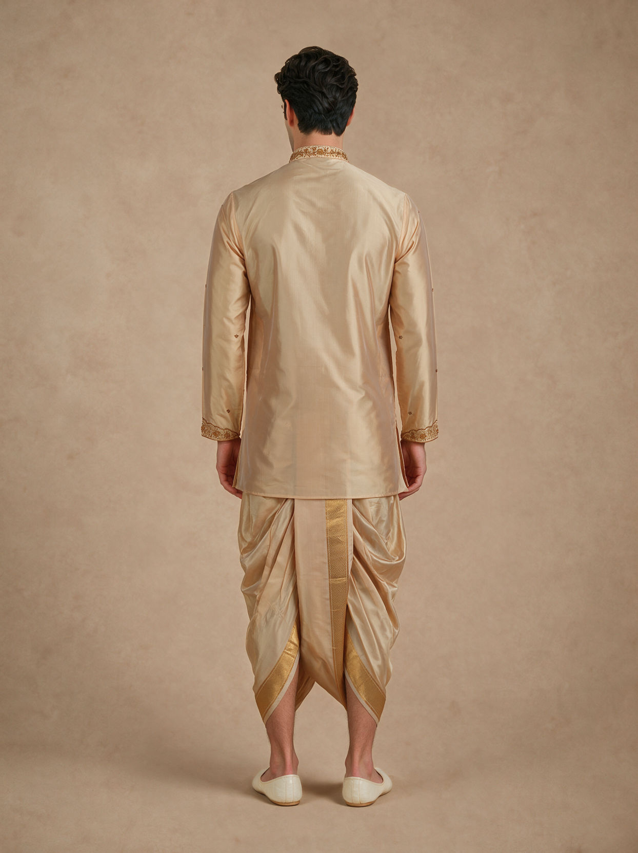 Manyavar Men Fawn Silk Veshti Dhoti with Embroidery