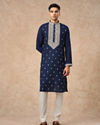 Manyavar Men Dark Blue Blended Viscose Kurta Churidar with Embroidery