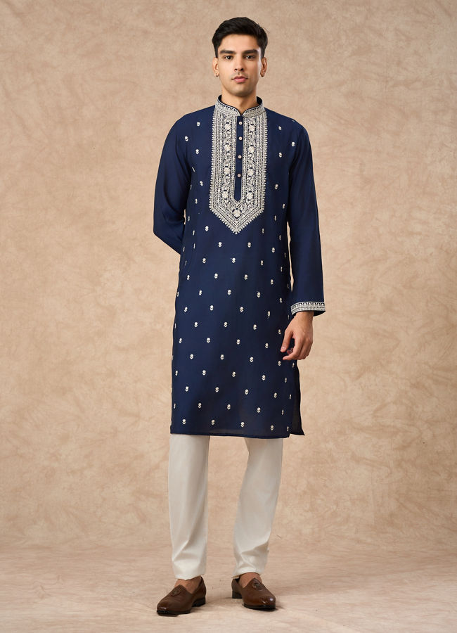 Manyavar Men Dark Blue Blended Viscose Kurta Churidar with Embroidery