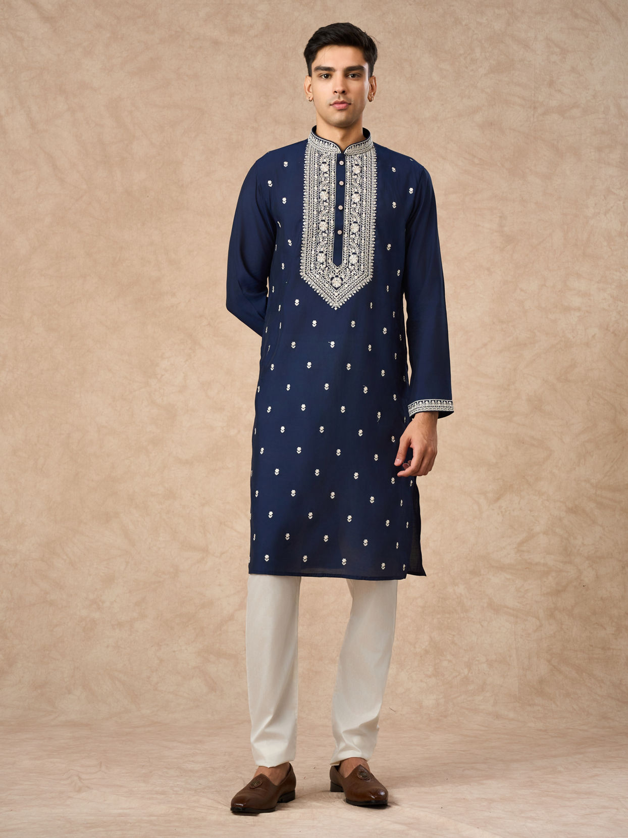 Manyavar Men Dark Blue Blended Viscose Kurta Churidar with Embroidery