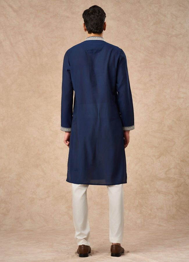 Manyavar Men Dark Blue Blended Viscose Kurta Churidar with Embroidery