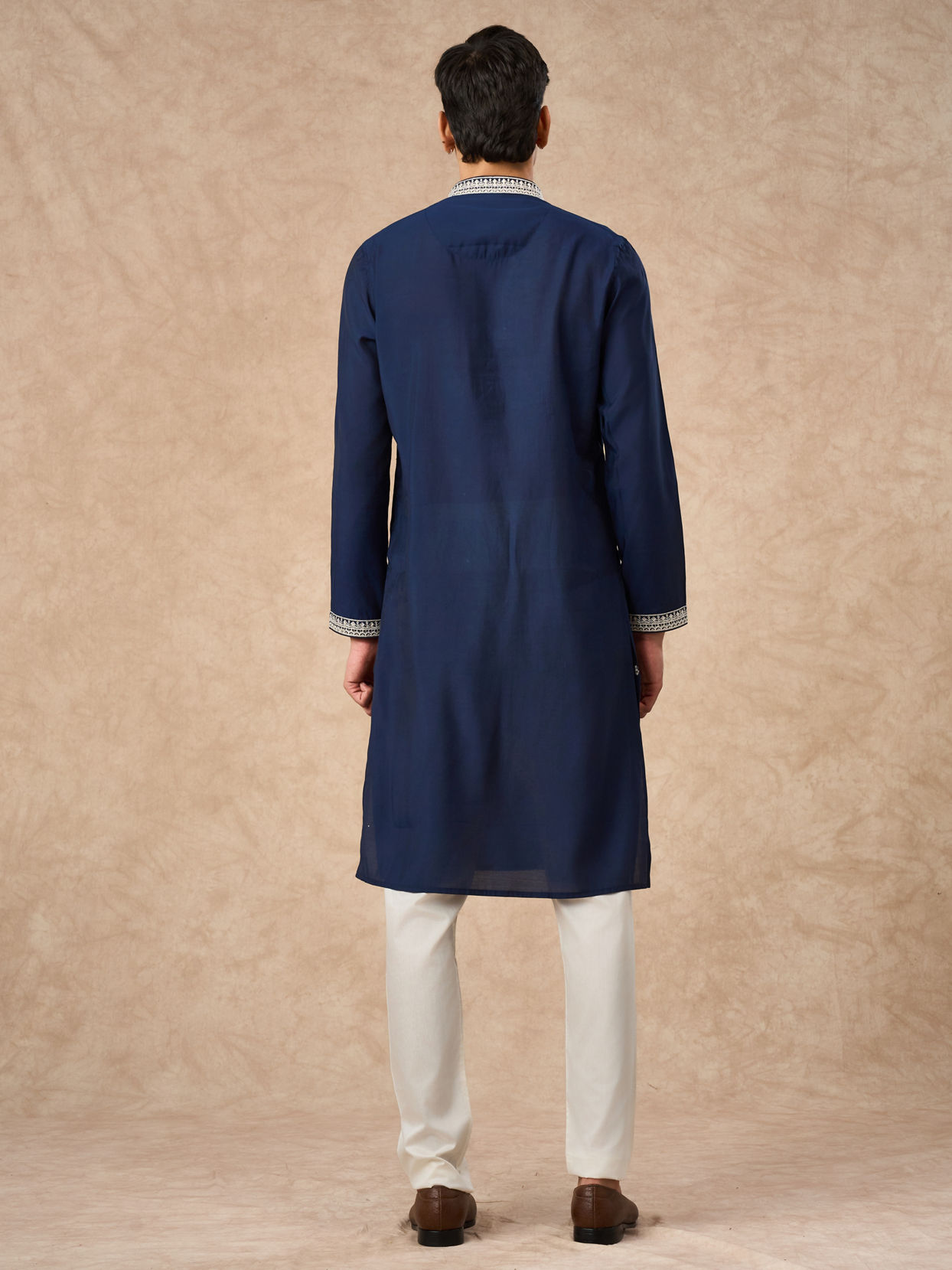 Manyavar Men Dark Blue Blended Viscose Kurta Churidar with Embroidery