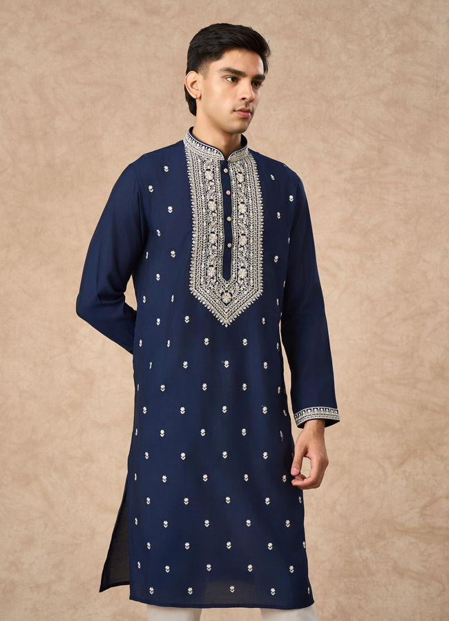 Manyavar Men Dark Blue Blended Viscose Kurta Churidar with Embroidery
