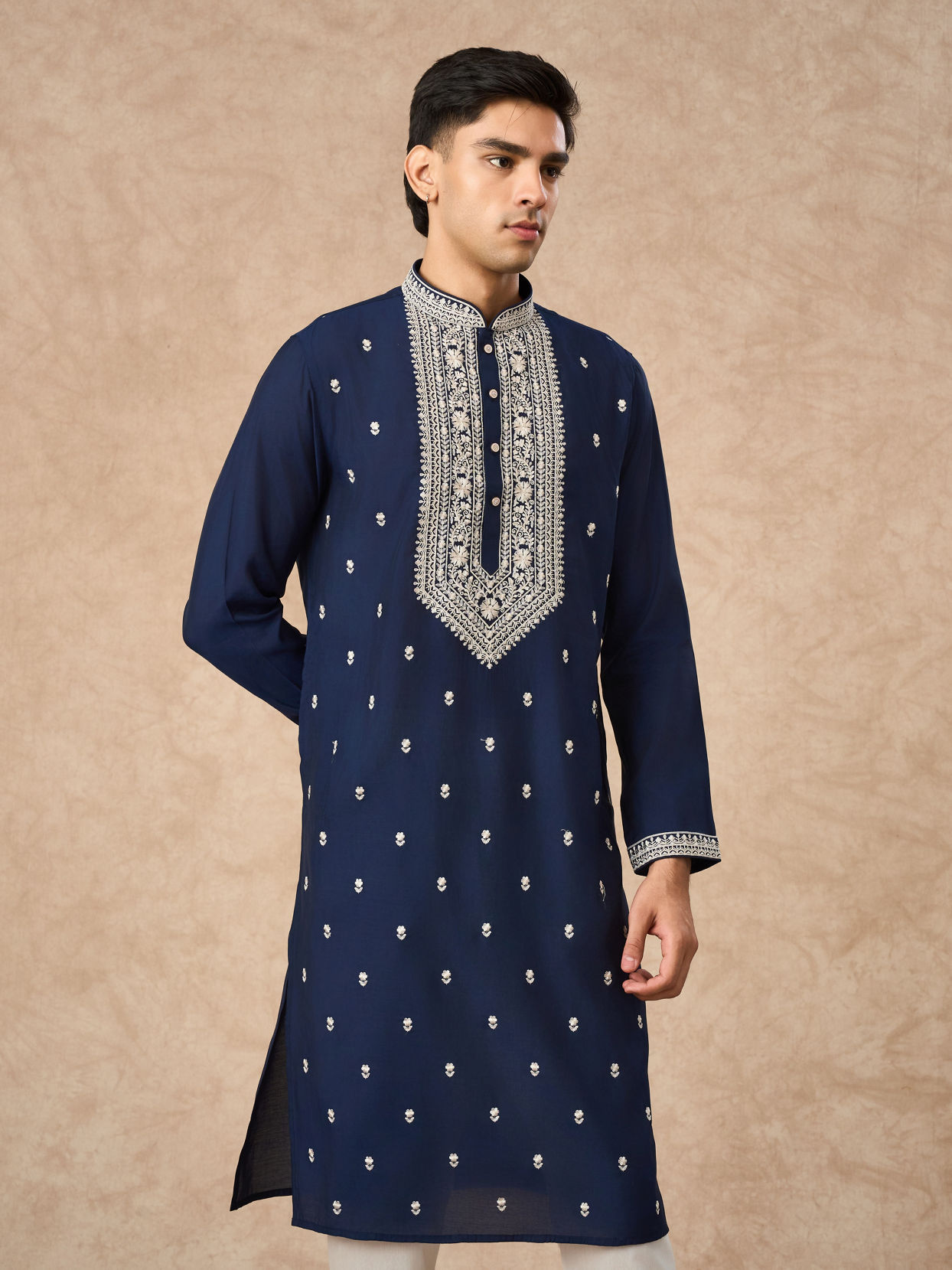 Manyavar Men Dark Blue Blended Viscose Kurta Churidar with Embroidery